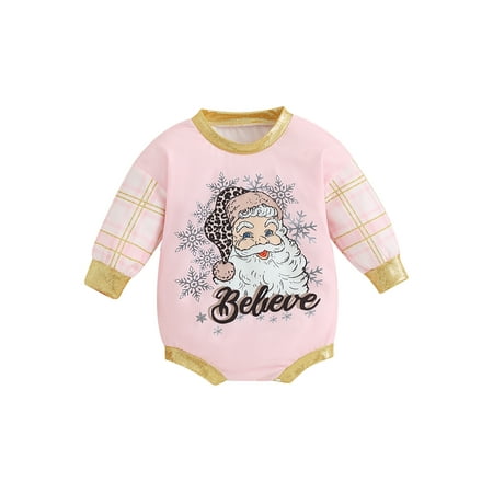 

Franhais Baby Girl Christmas Romper Plaid Long Sleeve Crew Neck Santa Print Bodysuit Newborn Playsuit