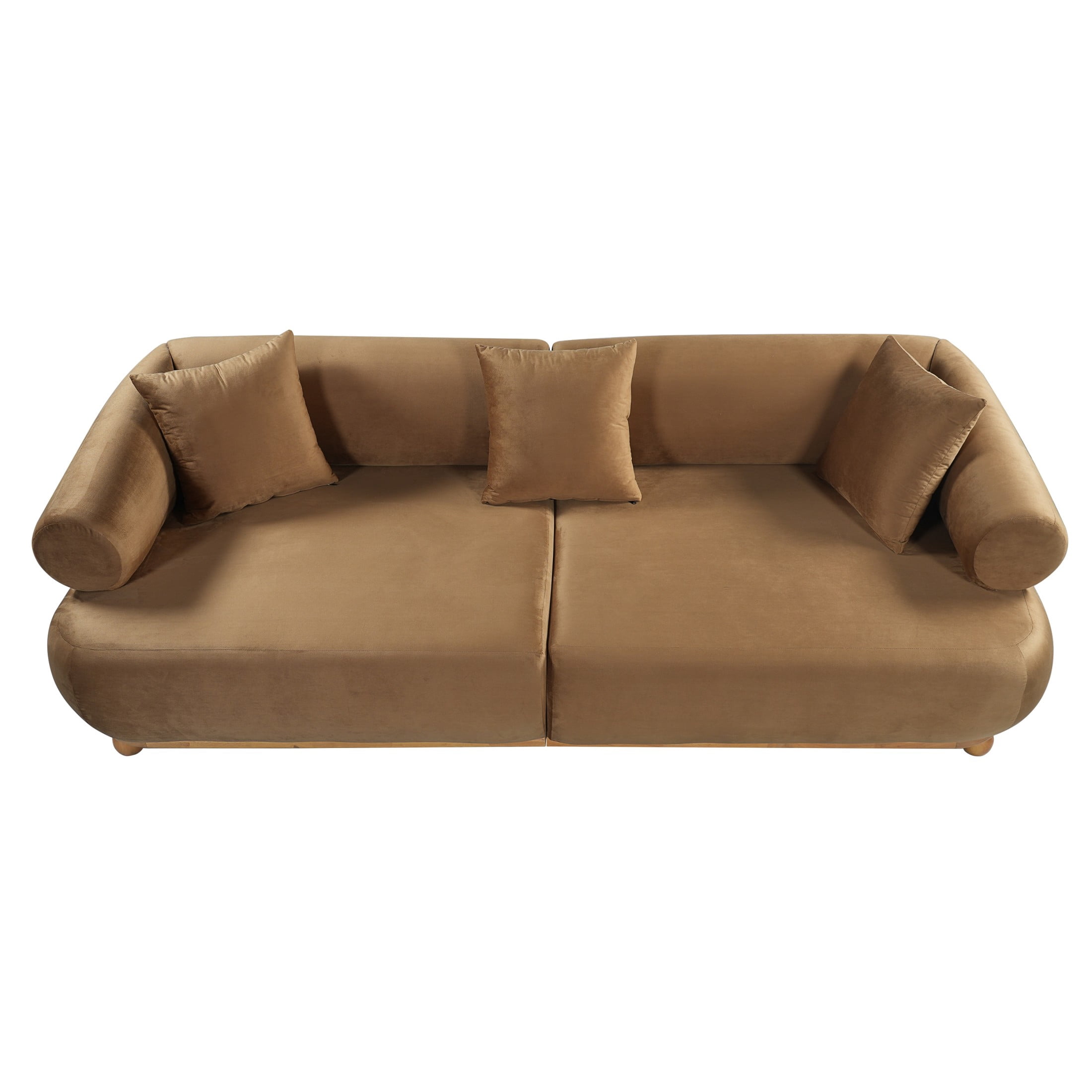 Christopher Knight Home 89.3" Modern Velvet Sofa with Throw Pillows, 3 Seats, Solid Wood Base, Khaki