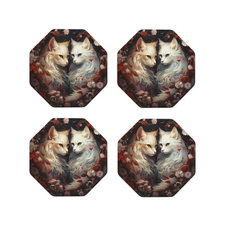 

Tideii Flower Cat Couple for Leather Coasters 4 Pieces Anti-fouling and Anti-scalding Decorative Coasters Suitable for Restaurants Kitchens Coffee Shops-Octagon