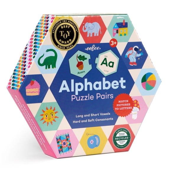 eeBoo: Hexagon Puzzle Pairs - Alphabet - 33 Pairs, Match Pictures To Letters, A Pre-Reading Activity, Educational Preschool Learning, Kids Ages 3