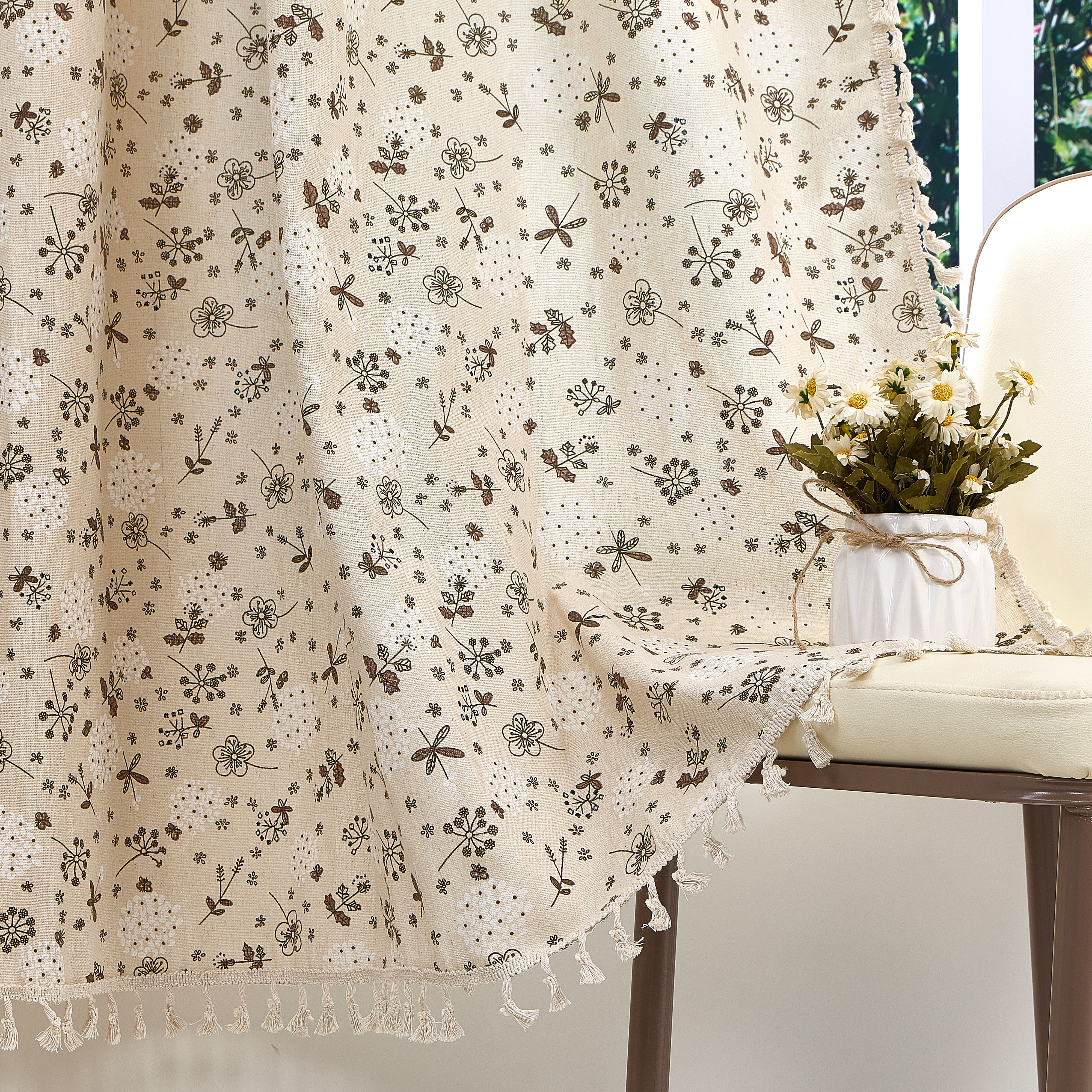 Lfeey Floral Print Linen Blend Curtains, with Tassels Semi-Transparent Rod Pocket Design for Room, 42x63 inch, 2 Panels