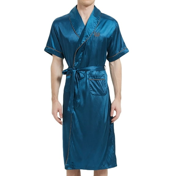 L-4X Plus Size Robes for Men with Pockets and Belt Big & Tall Lightweight Short Sleeve Silk Bathrobes Solid Color Loungewear Bath Robe