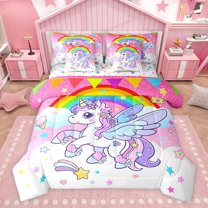 Manfei Cute Unicorn 7-Piece Bedding Comforter Set,Kawaii Cartoon Rainbow King Bedding Sets,Multicolor Cartoon Stars Print Bed Sheets For Teens,Ultra Soft Home Decor Reversible