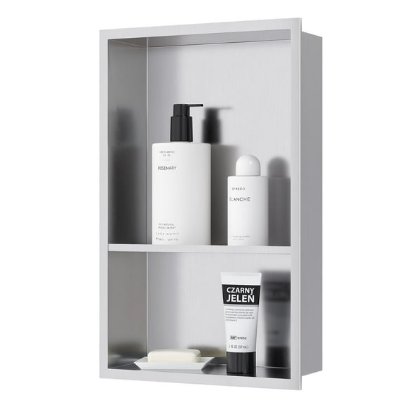 Nicho de ducha de acero inoxidable Qeke, 18.0 x 12.0 in, no se necesitan azulejos, nicho de pared, estantes dobles, ducha empotrada para almacenamiento de baño, níquel cepillado