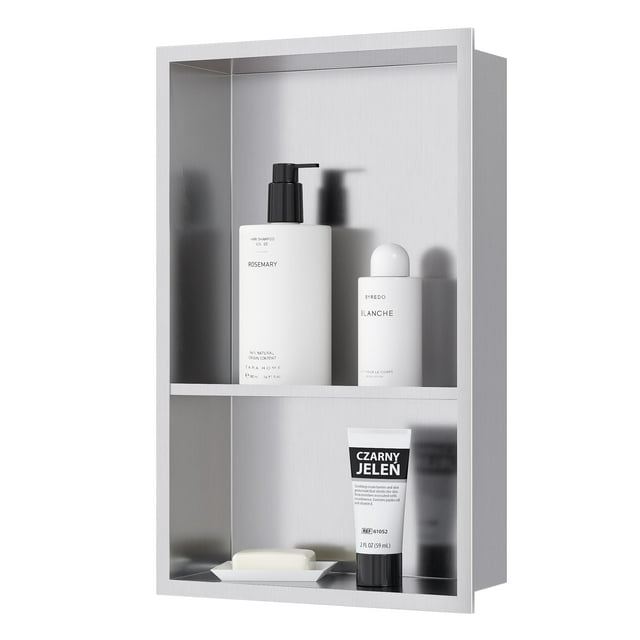 Nicho de ducha de acero inoxidable Qeke, 18.0 x 12.0 in, no se necesitan azulejos, nicho de pared, estantes dobles, ducha empotrada para almacenamiento de baño, níquel cepillado