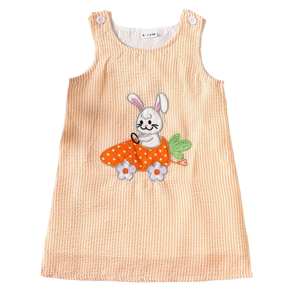 YDFCWXW Toddle Baby Girl Easter Outfit Bunny Rabbit Embroidery Sleeveless Overalls Smocked Dress Striped A-line Dresses (Orange, 18-24 Months)