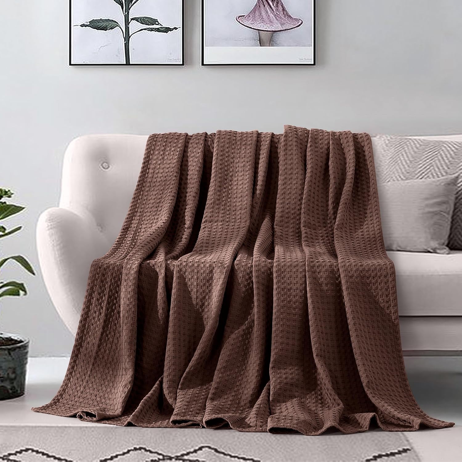 Elegant Comfort Cotton Waffle Blanket, Lightweight All-Season Bed Blanket,Full Size 88x88 Inches, Brown
