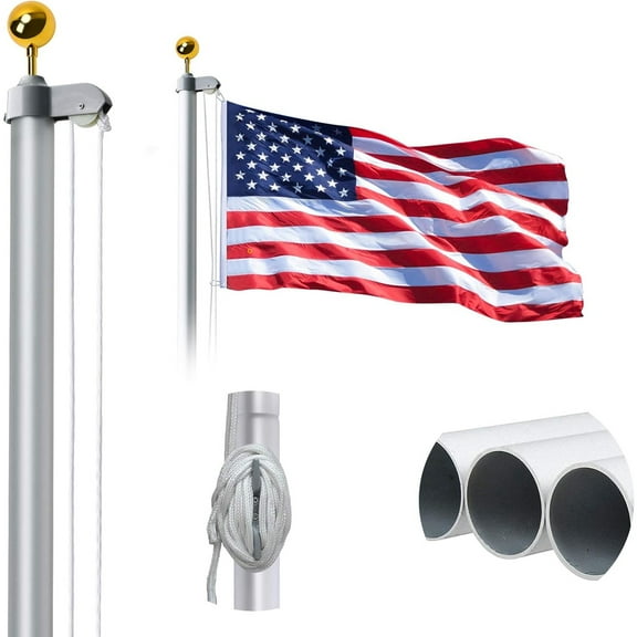 20FT Sectional Flag Pole Kit, 14 Gauge Extra Thick Heavy Duty Aluminum Outdoor In ground Flagpole for Residential or Commercial, Silver