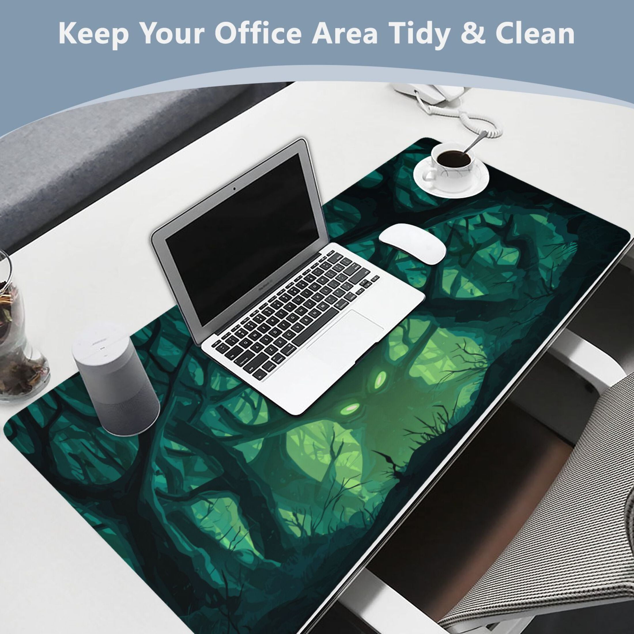 Leather Keyboard and Mouse Desk Mat Office Desk Accessories Protective Office Desk Decor Desk Pad Mat for Gaming, Work from Home, Office Dark Forest with Green Eyes 23.6" x 47.2"