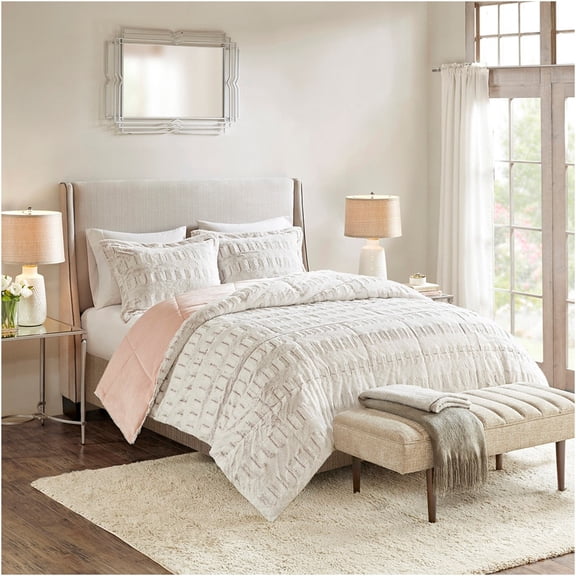 JERFIT Reversible Faux Fur Comforter Set with Shams, Ultra Soft & Hypoallergenic, OEKO-TEX Certified, White, Full/Queen Size