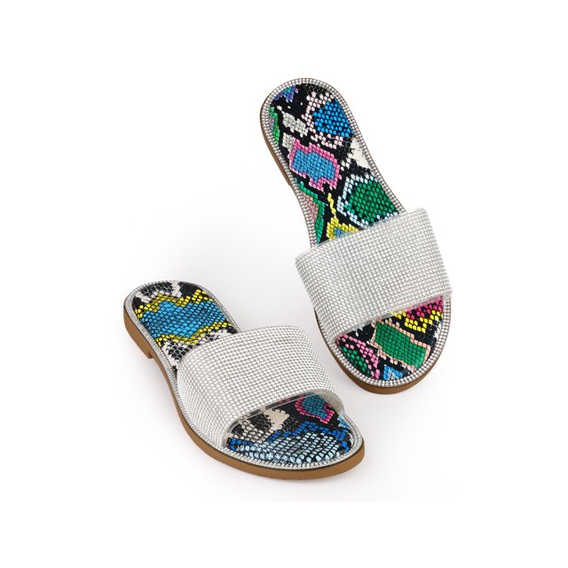 BLISSFUL STEP Rhinestones Sandal Slip on Flat Sandals for Women Snakeskin Print 10
