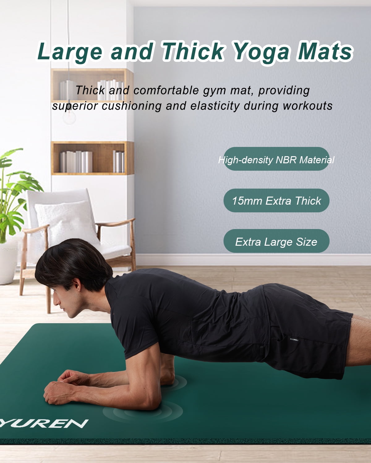 YR Thick Yoga Mat 15mm NBR 78"x35" Wide Exercise Workout Mats for Home Gym Floor Fitness Pad, Green