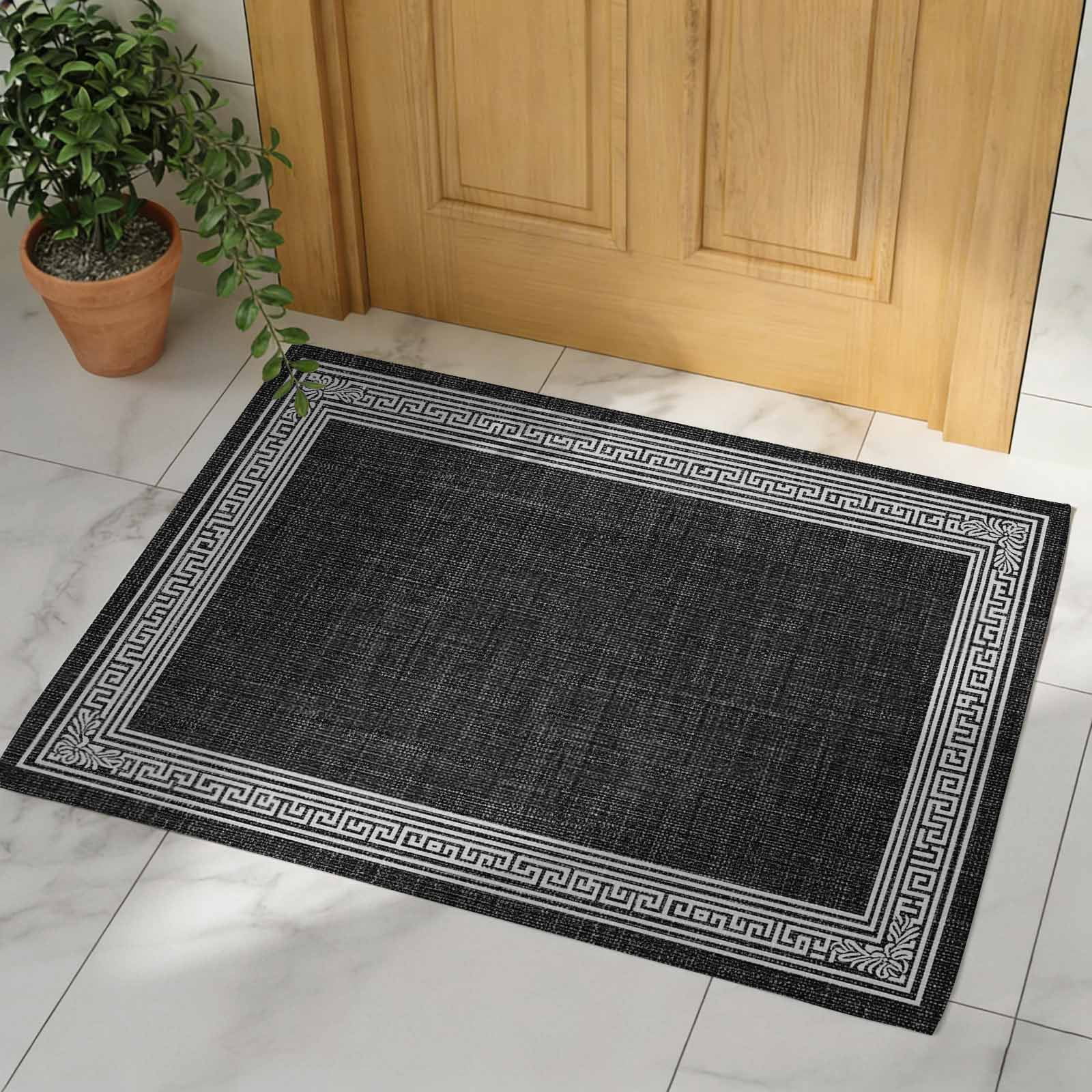 Black Geometric Indoor Door Mat - 20"x31.5", Non-Slip Welcome Mat for Outdoor, White Greek Key Design Burlap Modern Art Front Doormat for Entry, Low-Profile Doormat Entrance Rug for Kitchen/Bathroom