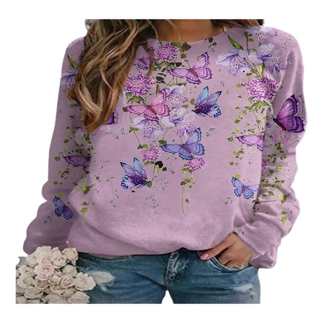 QJUHUNG Sweat-Shirt Décontracté à Manches Longues pour Femmes Papillon Imprimé Graphique Floral Pull Léger