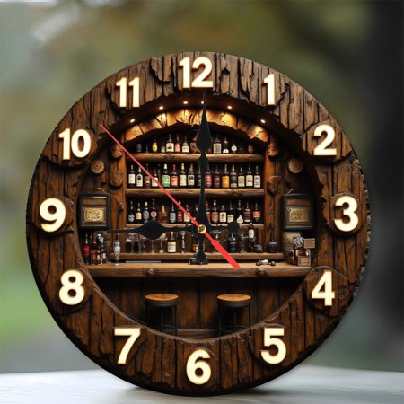 Wooden Bar Clock Whiskey Pub Home Decor Wall Clock 10-Inch Silent Wooden Wall Clock, Battery Operated (AA Batteries Not Included), Artistic Home Decor