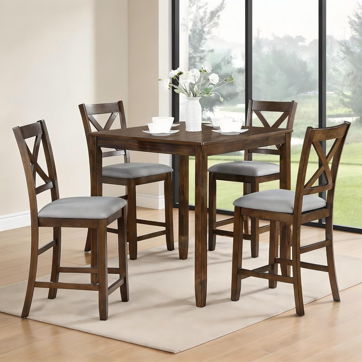 LJAN 5-Piece Solid Wood Table Set for 4 Farmhouse Counter Height Kitchen Dining Table Set with 4 Upholstered Chairs for Kitchen Dining Room Home Bar