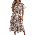 thumbnail image 2 of Women'S Summer Short Sleeve Work Dresses Tie Waist Button Down Print Midi A-Line Shirt Dress Khaki M, 2 of 10