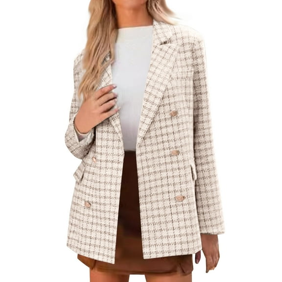 Kaliqueen Women's Double Breasted Plaid Blazer Classic Lapel Open Front Work Clothes Casual Long Sleeve Business Outerwear