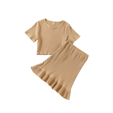 

ZIYIXIN Summer Kids Girls Clothes Solid Pullover T Shirts Ruffles A-Line Skirts Sets Coffee 4-5 Years