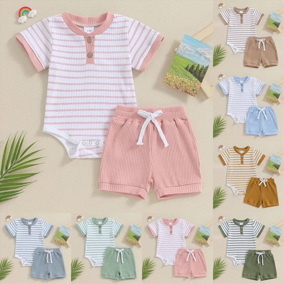6-9 Months Newborn Baby Boy Summer Clothes Button Short Sleeve Romper Bodysuit Shorts Set Toddler Soft Outfit Pink