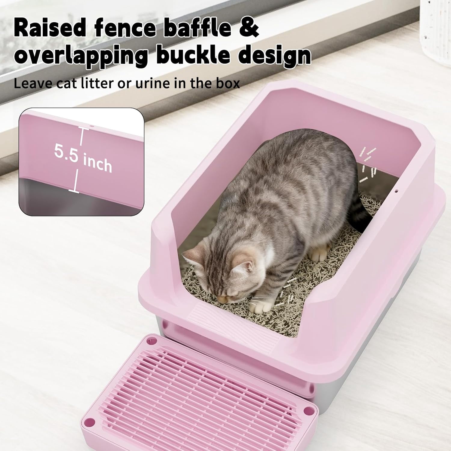 Cat Litter Box: Pink Stainless Steel Odor Control Pan - Easy Clean Non-Porous - 11.6" High Sides Anti-Scatter - Open Top for Fast Scooping - with Scoop - Apartment Bathroom/Laundry Room