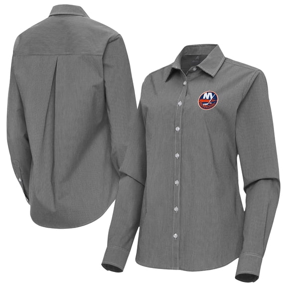 Women's Antigua Black New York Islanders Porter Woven Tri-Blend Long Sleeve Button-Up Shirt