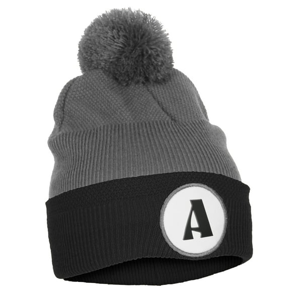 Daxton A to Z Initial Letter Cuffed PomPom Hat Beanie Warm Knit Skull Cap (Gray Black, Letter A)
