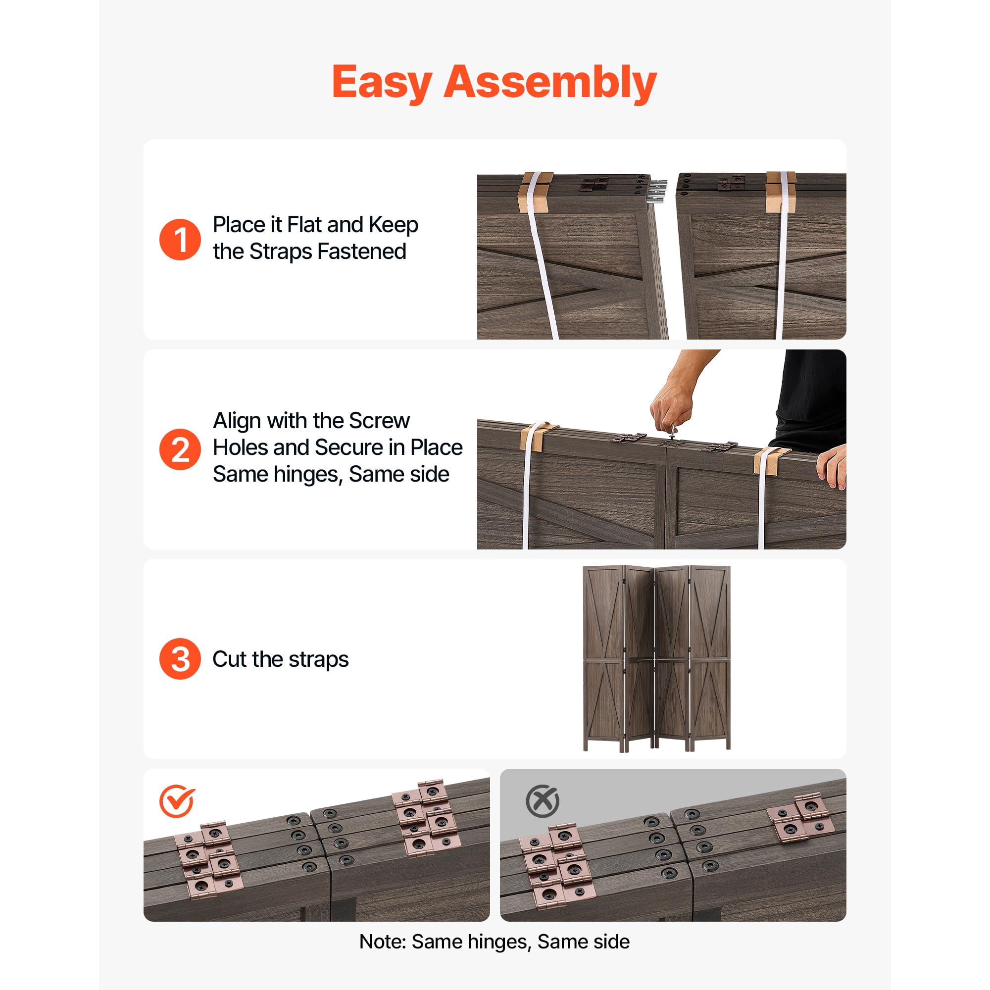 KFFKFF 4-Panel Wooden Room Divider with X Pattern, Folding Privacy Screen for Home Decor and Room Separation, 67 Inches Tall, Solid Frame, 360° Two-Way Hinges, Rustic Wooden Partition with Hardware