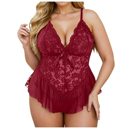 Xiaoxatg Womens Lingerie Sexy Plus Size Lace Jumpsuit Underwear Deep V Pajamas Bandage Lingerie for Women Leather