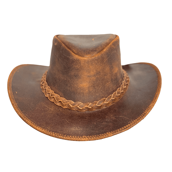 Lesa Collection Vintage Gunner Leather Cowboy Hat with Braided Band - Stylish Cowgirl Hat with Removable Chinstrap (ReddishBrown, S)