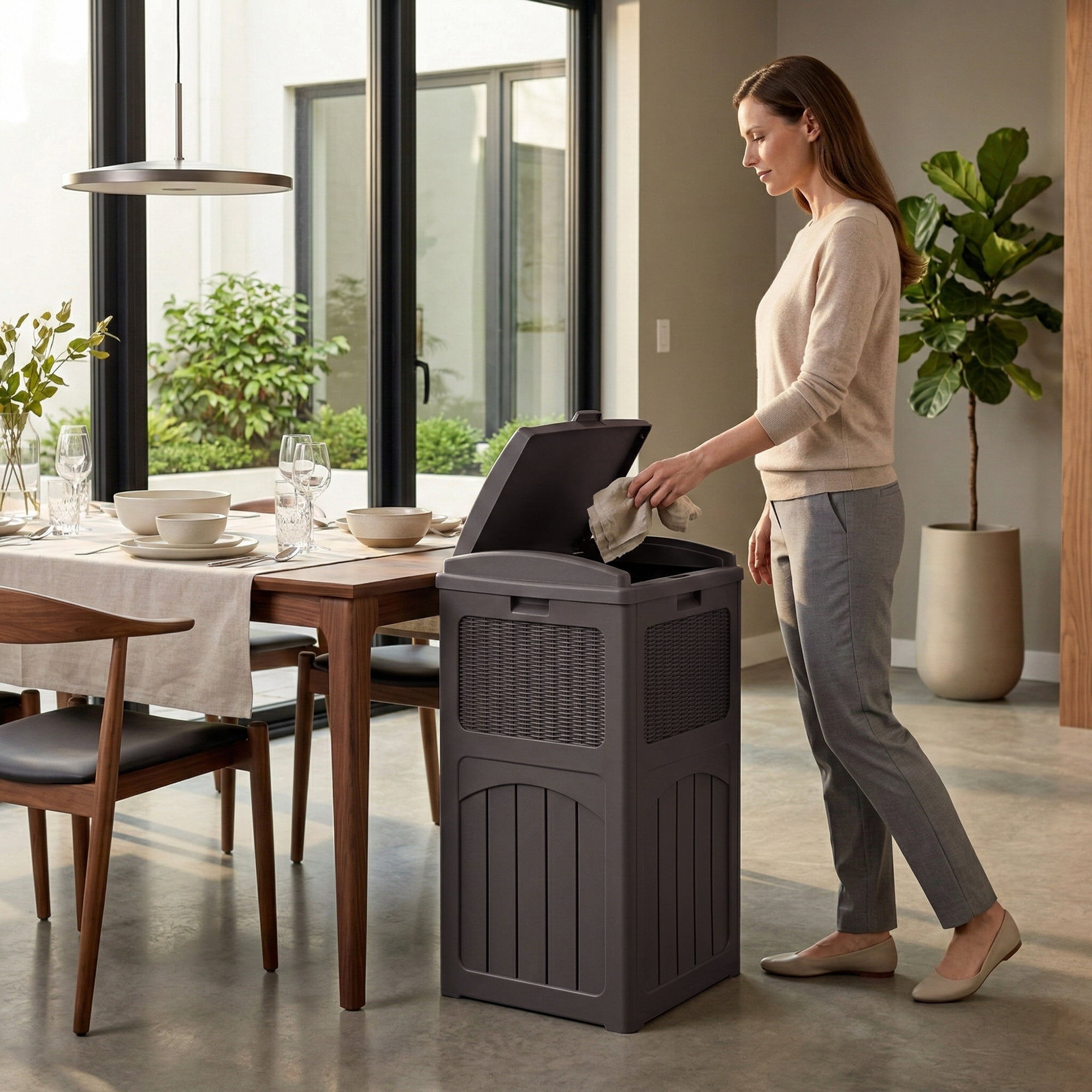 Devoko  All-Weather use Trashbin with Lid, Patio Resin Hideaway Trash Can with Waterproof for Backyard, Dark brown
