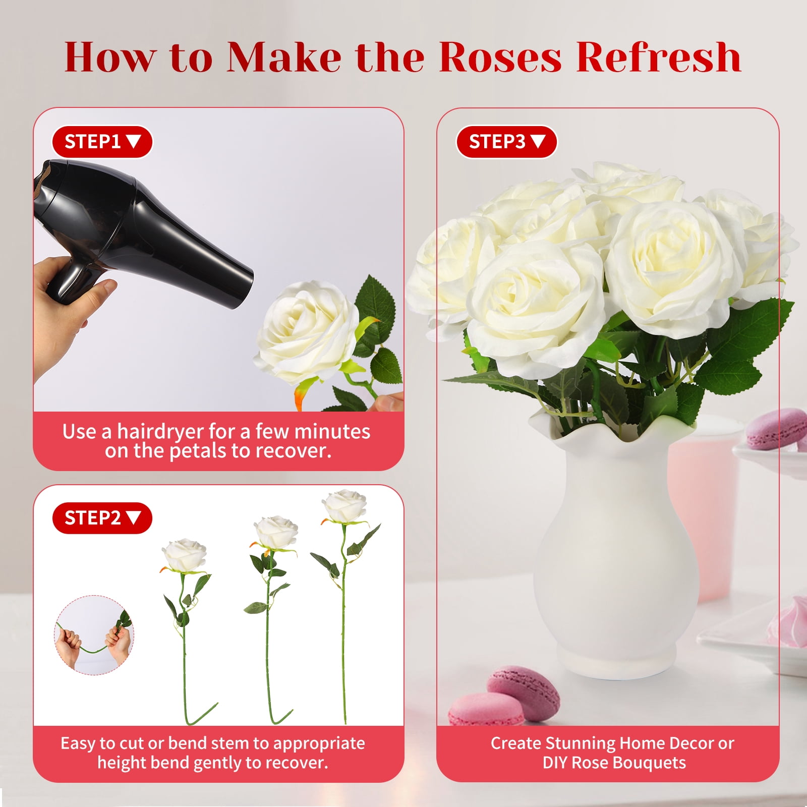 DUOTAN 20 PCs White Roses Artificial Silk Flowers, 4’’Big Flower Head Artificial Roses with Long Stems, Realistic Fake Roses Bulk for Home Wedding Bouquet Arrangements Party Decoration