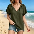 thumbnail image 2 of Women's Loose Fit V Neck Puff Short Sleeve Tunic Blouse Top Comfy Casual Summer Work Office Outfits | CSEONE,Army Green L, 2 of 7
