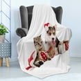thumbnail image 4 of Christmas Soft Flannel Fleece Throw Blanket, Dog and Cat in Santa Hats Surprise Boxes and Balls New Year Celebration, Cozy Plush for Indoor and Outdoor Use, 50" x 60", Red White Brown, by Ambesonne, 4 of 5