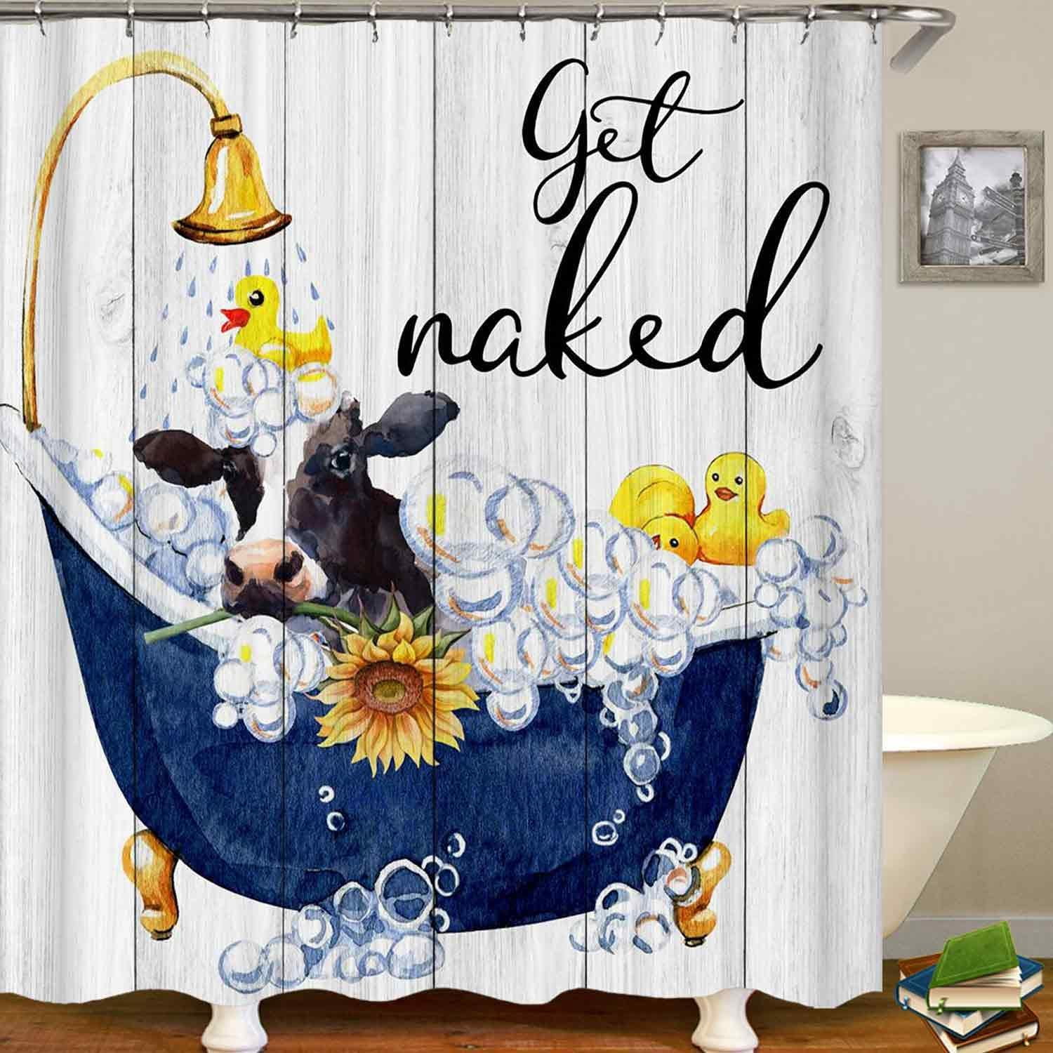 4PCS Funny Highland Cow Shower Curtain Set, Waterproof White Fabric Shower Curtain, Non-Slip Bath Mat Bathroom Rugs Sunflower Floral Farm Animal Western Country Rustic Farmhouse Bathroom Decor