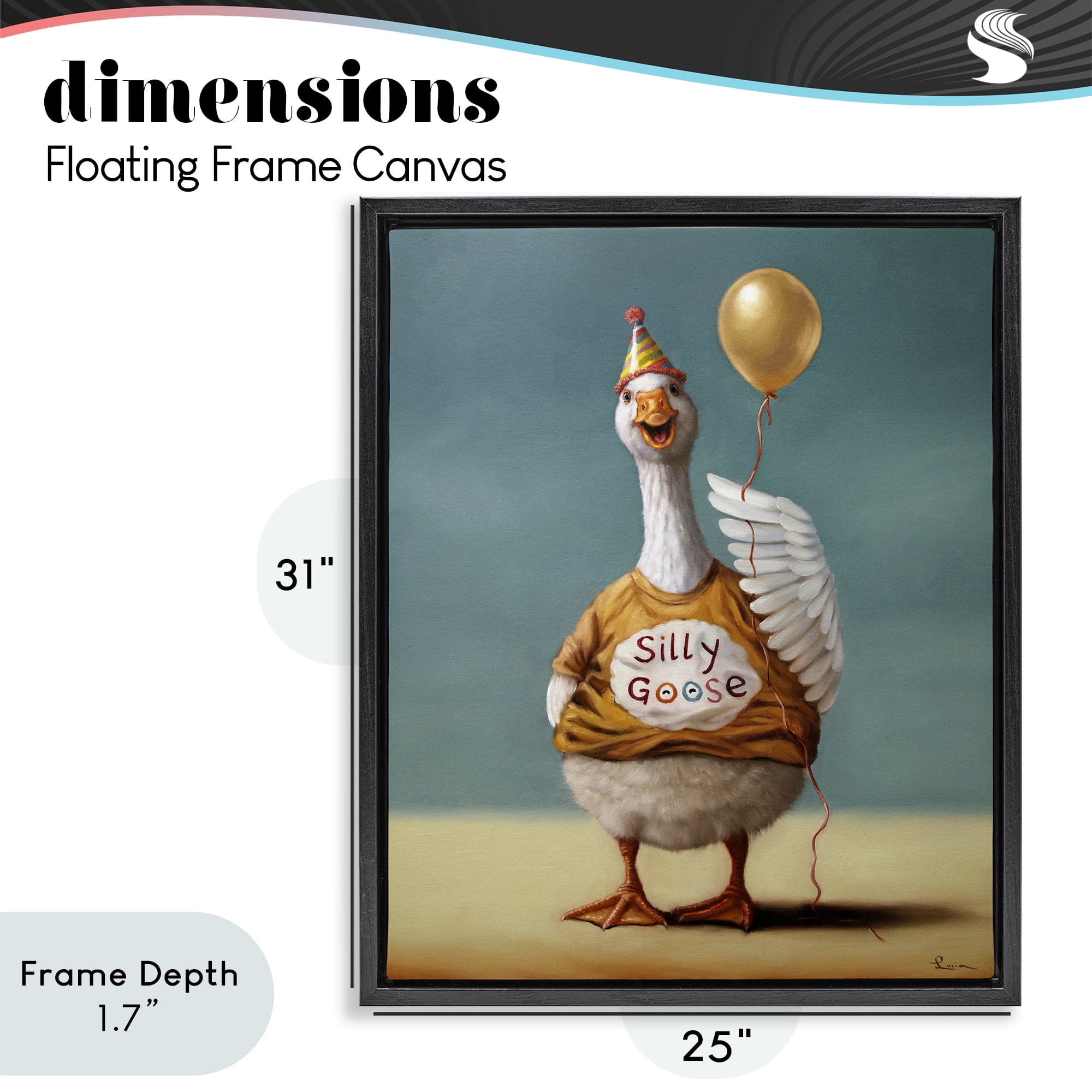 Stupell Industries Silly Goose with Balloon Black Framed Floater Canvas Wall Art, design by Lucia Heffernan