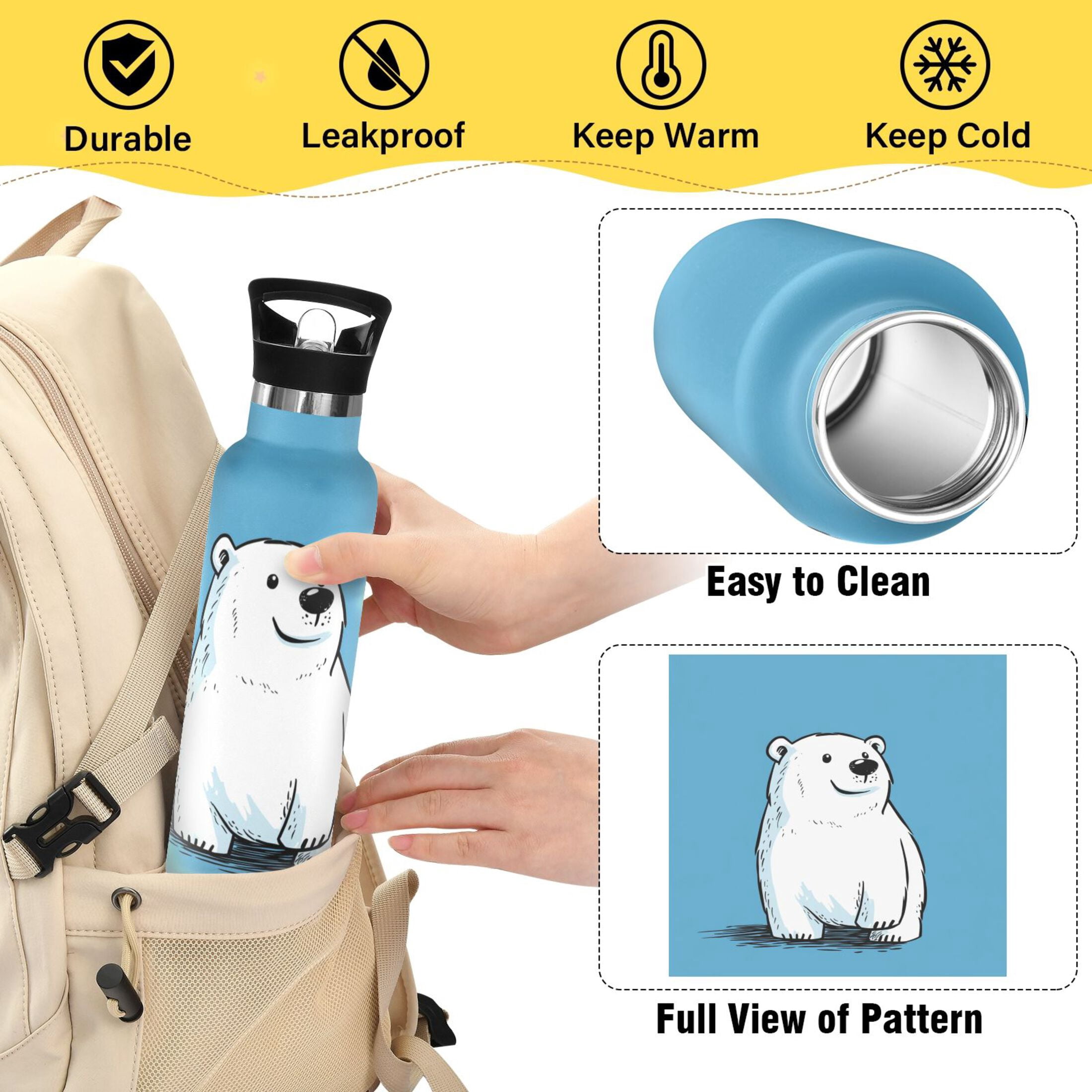 Kids Insulated Stainless Steel Sports Water Bottle 600ml (20oz), BPA-Free White Polar Bear