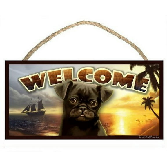 Pug (black) Summer Season Welcome Dog Sign/Plaque featuring the art of Scott Rogers