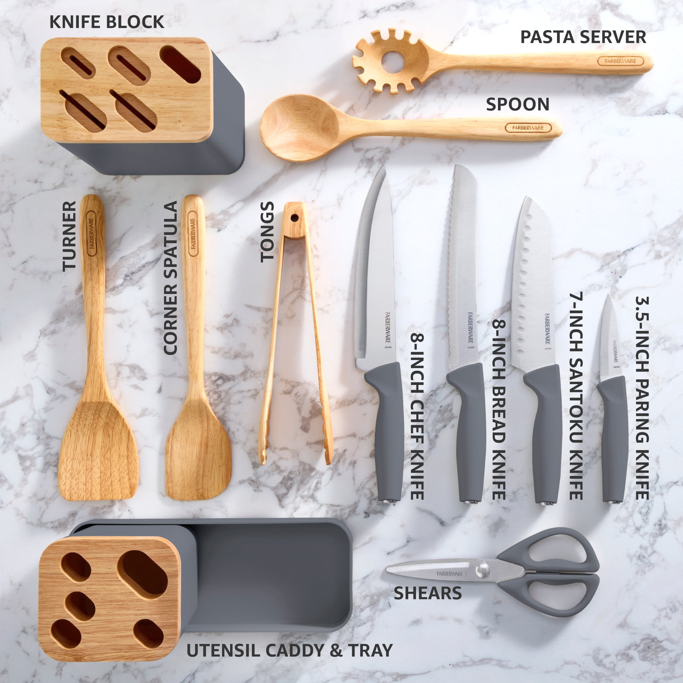 Farberware Professional Wood Kitchen Utensil and Knife Set with Counter Storage Smoke, 13-Piece