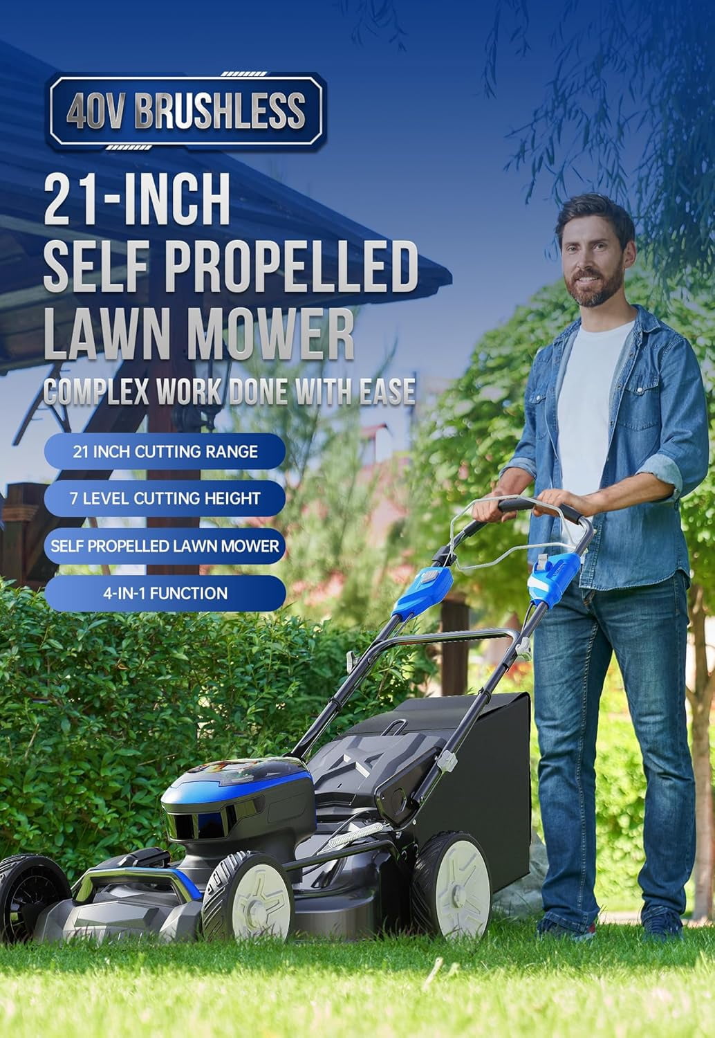 Wild Badger Power 40V 21″ Cordless Lawn Mower Brushless, 3,200 sq ft/0.073 ac, 2×4.0Ah Batteries & Fast Charger, 7-Position Heights,for Medium-to-Large Lawns