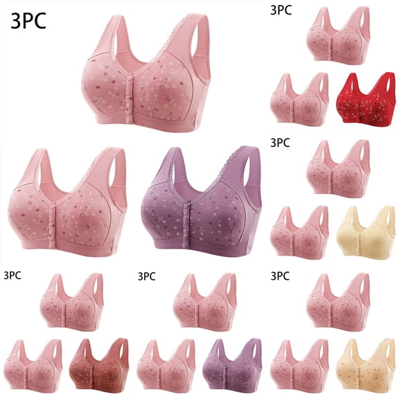 Gswybco 3PC Tshirt Bras for Women Print No Underwire Daily Bras Plus Size Wide Shoulder Straps Seamless Bras No Rims Front Snap Closure Bras