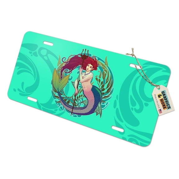 Mermaid Holding Trident Circle Art Nouveau Kelp Novelty Metal Vanity Tag License Plate