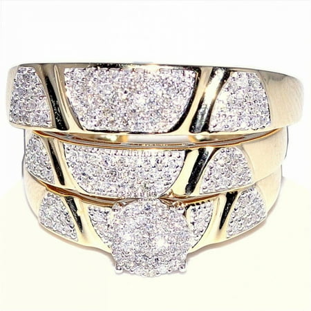 1/2cttw Diamond His And Her Trio Wedding Rings Set 10K Yellow Gold Mens 5.5mm wide Womens 10MM
