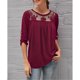 thumbnail image 3 of Jersey de mujer Top empalme de encaje plisado manga 3/4 cuello redondo blusa transpirable para mujer dama vino rojo XL, 3 of 6