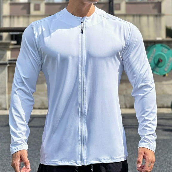 Chbgutlmr Tops for Men Zip up Long Sleeve Solid Color Workout Running Slim Thin Athletic Shirts Tops