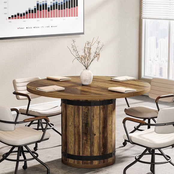 Tribesigns 39.37-Inch Round Conference Table, Farmhouse Meeting Table for 4, Seminar Boardroom Desk with Fence Pedestal Base for Office (Rustic Brown, Chairs Not Included)