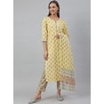 thumbnail image 3 of Janasya Indian Women's Yellow Cotton Floral Print Kurta with Pant and Dupatta, 3 of 9