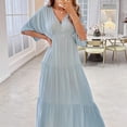 thumbnail image 3 of Vestido de fiesta con vuelo y manga murciélago de color liso con cuello en V Summe para mujer （azul）,S, 3 of 5
