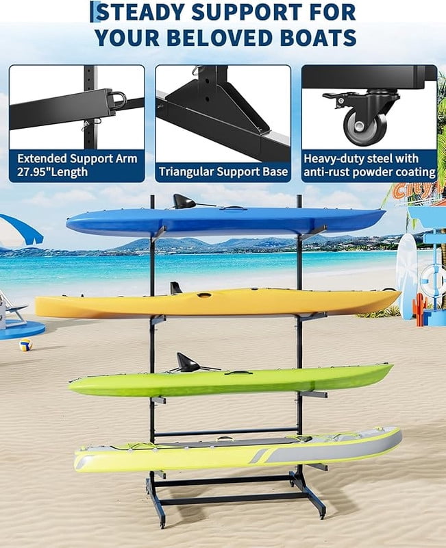 Kayak Storage Rack for 2-6 Kayaks Freestanding Kayak Rack for Outdoor Storage with Movable Wheels, Heavy-Duty Steel Kayak Hanger Holder with Hanging Straps
