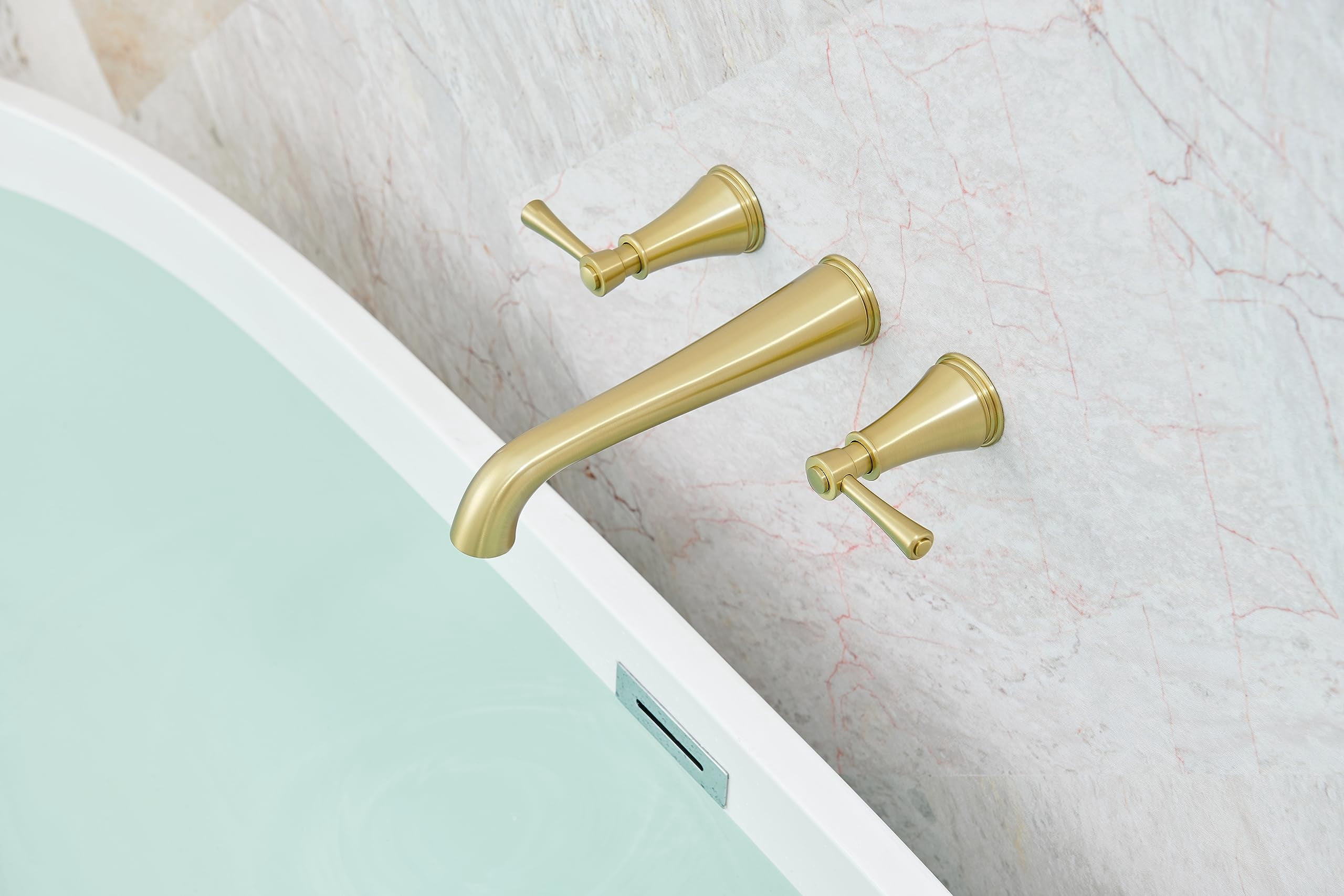 Wall Mount Bathtub Faucet Brushed Gold Solid Brass Extra-Long 10.5" Spout Reach